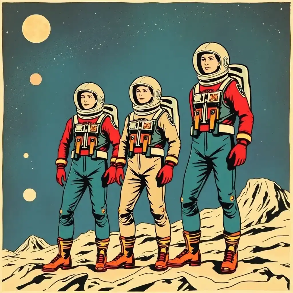 Craft a retro-futuristic collage where the vintage aesthetic meets the limitless cosmos. Picture human figures drawn in pop art style, clad in retro space suits, their actions frozen like pages in a comic book coming to life, evoking a sense of nostalgia for a future that might have been.