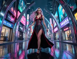 lola reve in an art‑deco cyberpunk metropolis, wearing a sleek neo‑classical gown with red‑black accents, long silver hair catching neon reflections, striking red lips and black eyes, surrounded by chrome‑finished geometric arches, glowing neon kanji signs and holographic billboards on wet reflective pavement; mid‑step, gliding low‑angle floating camera at human height smoothly threading through arches and neon‑lit streets, emphasizing spatial continuity, depth parallax and breath‑like rhythm as background elements slide past at varying speeds, immersive cinematic view with neon‑lit chiaroscuro highlighting her face and hair.