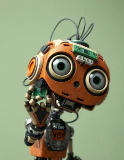 A highly detailed, stylized 3D render of a small, whimsical robot, centered in the frame against a soft, muted sage-green background. The robot has a large, complex head made of exposed circuit boards, tangled wires, and metallic components in shades of rust-orange and off-white. Its most prominent features are its oversized, expressive eyes, which have round, white eyeballs and orange metallic lids, giving it a curious and slightly weary expression. The robot's slender, articulated hand is raised, delicately holding a small, green computer chip connected by thin, dark wires that trail up to its head. The lighting is soft and diffused, highlighting the intricate mechanical textures and the worn, industrial finish of the components. The perspective is a straight-on close-up, focusing on the robot's head and its interaction with the chip. The overall atmosphere is reminiscent of high-end character design, blending futuristic technology with a charming, vulnerable personality, rendered with clean, sharp details and professional digital artistry.