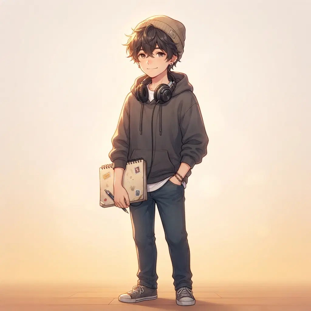 original character: a quiet boy with headphones around his neck and a sketchbook under his arm, gentle smile, warm rim light, luminous soft-focus slice-of-life anime illustration, clean soft gradient studio background, vibrant, crisp high detail, digital illustration