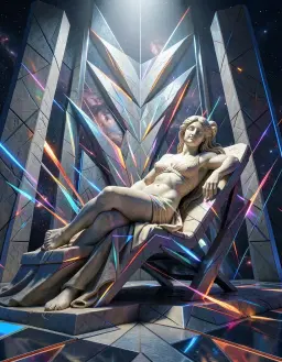 colossal sand sculpture of aphrodite reclining on a sleek chaise in outer space, perfect positioned in a poised, statuesque, elegant, graceful michelangelo‑type renaissance pose, worm‑eye low angle view, dramatic underside lighting, rendered in futurist dynamic‑motion style with fragmented, overlapping forms, energetic lines and bold metallic and primary colors, geometric symmetrical backdrop, strong vertical lines and mosaic‑like texture, emphasizing height and power