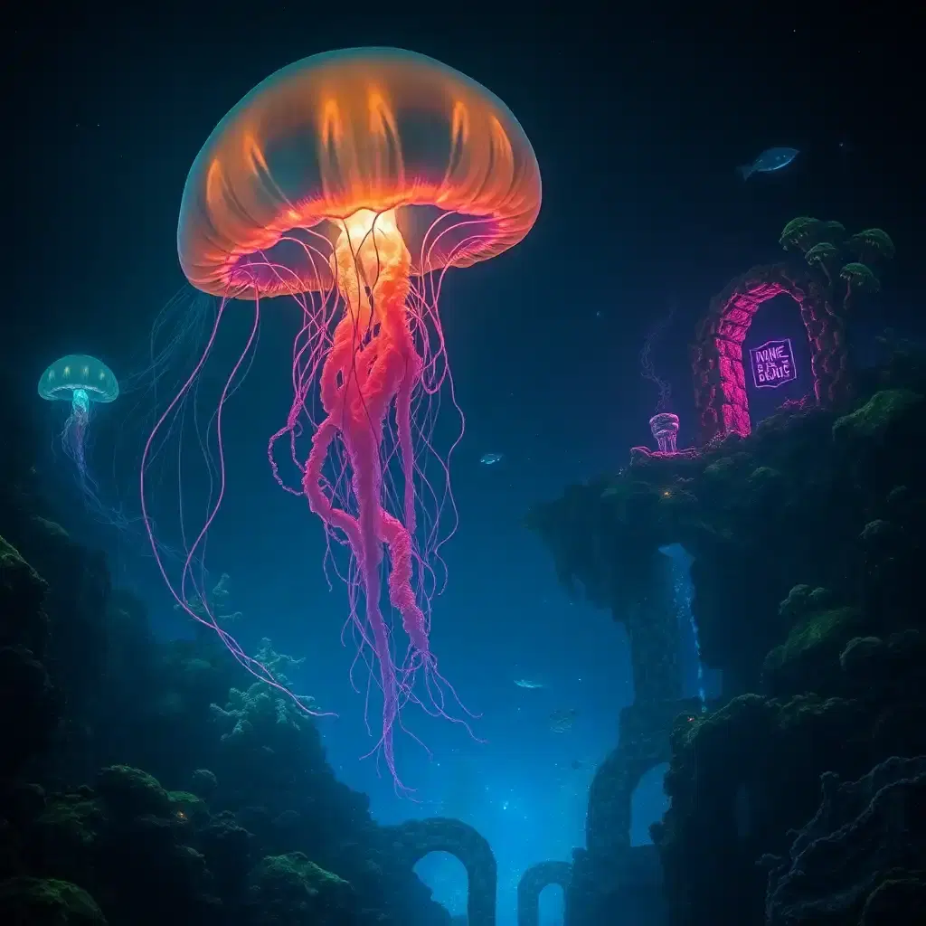 A mystical deep-sea realm untouched by humanity, where colossal bioluminescent creatures drift through the eternal darkness. Massive jellyfish pulse with neon colors, their tendrils stretching for miles. Ancient, submerged ruins hint at a lost civilization, their structures encrusted with coral and glowing moss. Strange, anglerfish-like predators cast eerie blue-green lights as they stalk their prey. The water is thick with tiny, glowing particles, creating an atmosphere of otherworldly wonder. The deeper one goes, the more surreal the world becomes, with creatures and landscapes that defy the imagination.