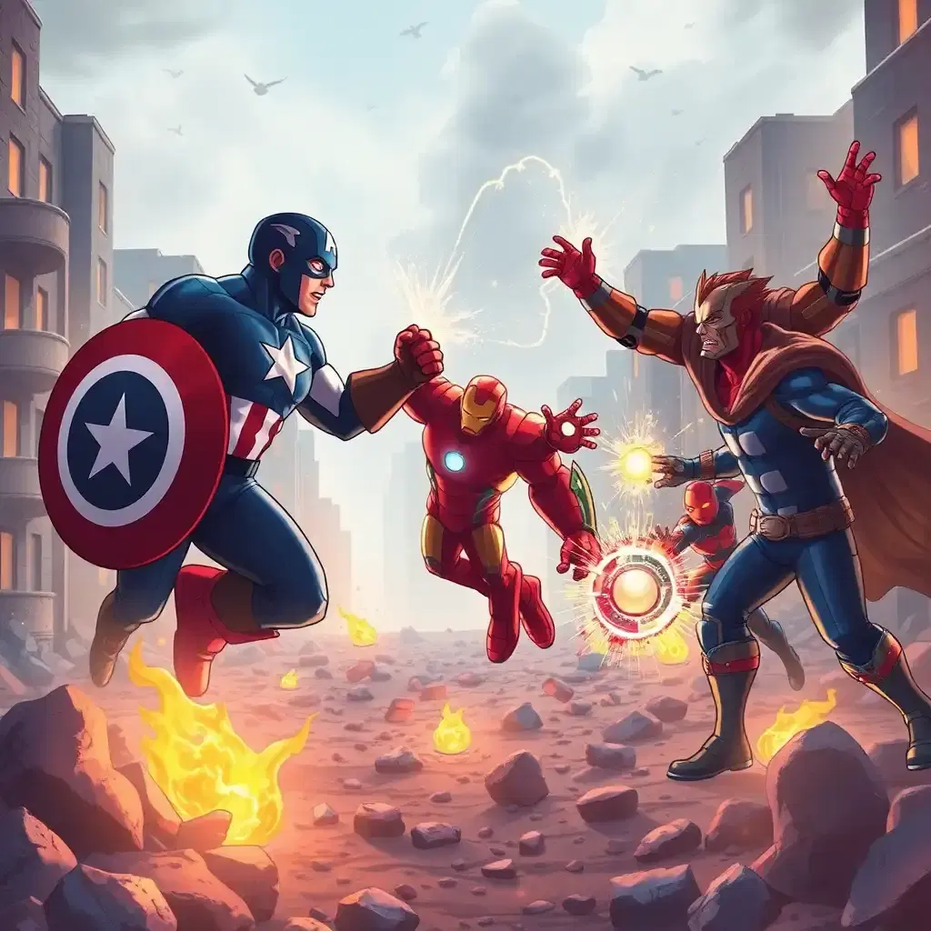a heartwarming, whimsical battle scene between the fantastic four and the avengers in a sweetly devastated cityscape, softly illuminated by twinkling fires and gentle energy blasts. captain america playfully clashes with the thing, their adorable fists gently colliding with a soft thud. mister fantastic playfully dodges iron man's cute repulsor blasts, stretching his body in a comical, exaggerated way around the attacks. the human torch zooms through the sky, leaving a trail of sparkly, colorful sparks as he faces off against thor, who swings mjolnir with a goofy grin. the invisible woman playfully counters doctor strange's silly spells with her bubbly force fields, both radiating a warm, fuzzy energy as they try to overpower each other in a loving, lighthearted way. the battle is a joyful, chaotic mess, with each hero's adorable abilities on full display, creating a visually sweet composition.