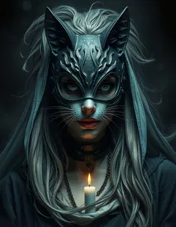 a dark fantasy horror scene featuring a high priestess wearing a cat mask, rendered in dynamic motion portrait style with dramatic makeup and hair