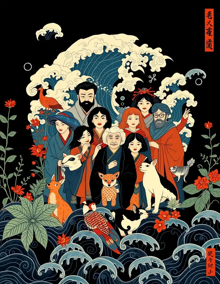 an ukiyo-e style group portrait of people and animals on a deep black background, with plants surrounding the group and intricately detailed patterns of stylized waves and clouds filling the negative space. people and animals blend together in harmony, with bold, flat outlines and vibrant colors such as vermilion and indigo.