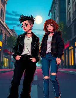 biker girl in black leather jacket and dark baggy denim jeans, short dark fohawk, double‑00 gauge earrings, white tee, and a second female with short brown hair, denim jeans, plaid shirt under black hoodie, teenie shoes, on a sunlit street beneath a night‑blue sky, cartoon animation style, baroque excess with gilded filigree, neon outline glow, color clash dual‑tone lighting with opposing red and cyan lights sculpting surreal gradients along contours, cinematic pop intensity.