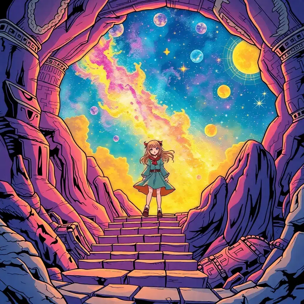 Design a spellbinding universe where vibrant colors and powerful narratives converge in a vintage comic book style. Let the protagonist be an anime-inspired figure with blonde tresses and infinite curiosity, stepping into an intricate hieroglyphic mosaic that sparkles with cosmic secrets.