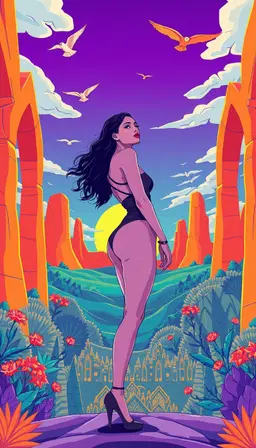 a slender woman in a chic edgy fashion portrait, positioned within a pop‑art landscape featuring a cartoonish horizon, neon flora and cathedral‑like natural arches, birds soaring in a bright synth‑wave sky rendered in hot magenta, electric purple, burning orange, deep indigo and neon cyan; crisp line work and flat color blocks give the scene a reverent awe mood of humble wonder, with shafts of soft light bathing the composition and a hushed, sacred stillness.