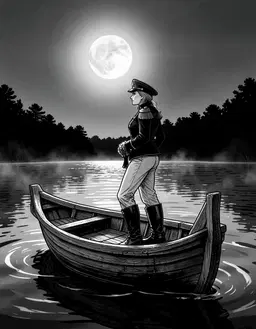 Captain Rose stands on a small wooden barque, portrayed in stark black‑and‑white design. She gazes toward the horizon, her profile illuminated by the moonlit water, the boat’s hull casting subtle shadows. The scene captures the gentle ripple of the lake, the silvery mist curling around the vessel, and the dark outlines of distant trees, all rendered in high‑contrast line work that emphasizes texture and mood.