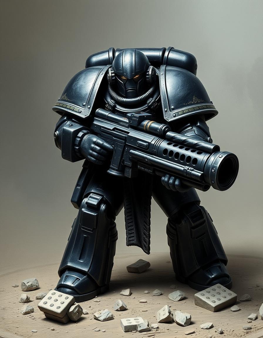 Warhammer 40K space marine in blacked out tactical armor, wielding a massive minigun