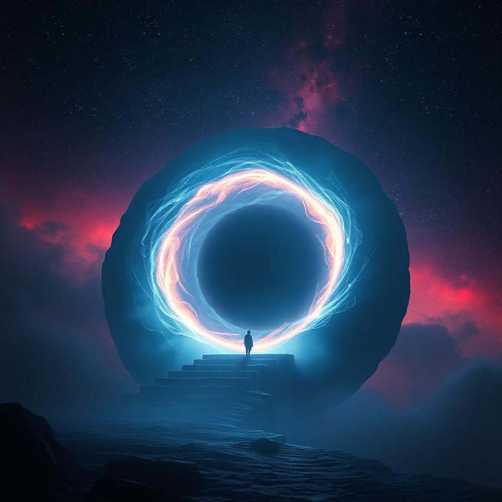 "epilogue: 'eclipse of eternity' - a galactic odyssey

**scene:** a distant, dimly lit planet called 'nyxoria', shrouded in an eternal twilight. the atmosphere is heavy with an otherworldly mist.

**the subject:** a colossal, glowing portal pulsates with an intense, ethereal energy. it throbs in sync with the heartbeat of a black hole, 'astrum', hovering in the depths of space. astrum's dark silhouette is etched against the vibrant, star-studded background, as if pulled by an unseen force.

**the black hole, astrum:**

* astrum is a gargantuan, swirling vortex with a dense, mysterious core.
* its event horizon glows with an intense, piercing light, ionizing the surrounding space.
* electric blue and crimson hues dance across its surface, casting an ominous, mesmerizing spectacle.

**background:** a swirling expanse of celestial bodies - star clusters, nebulae, and galaxies - stretches into the distance. stars, like diamonds scattered across the velvet expanse, twinkle and pulse with a life of their own.

**emotions:** a sense of foreboding and awe hangs in the air, as if the very fabric of time and space is being manipulated by the portal's power. a lone, orbiting spacecraft, 'stellaluna', ventures closer, crew members mesmerized by the spectacle. their faces etched with a mix of terror and wonder.

**art style:** a blend of photorealism and cgi, with an emphasis on neon-lit, cinematic lighting. soft, ethereal textures contrast with sharp, detailed geometry, creating a dreamlike atmosphere. the art deco-inspired portal design echoes an ancient, long-forgotten civilization. vibrant colors, with subtle neon undertones, underscore the ethereal, otherworldly nature of the scene, plunging the viewer into a world beyond the confines of reality."