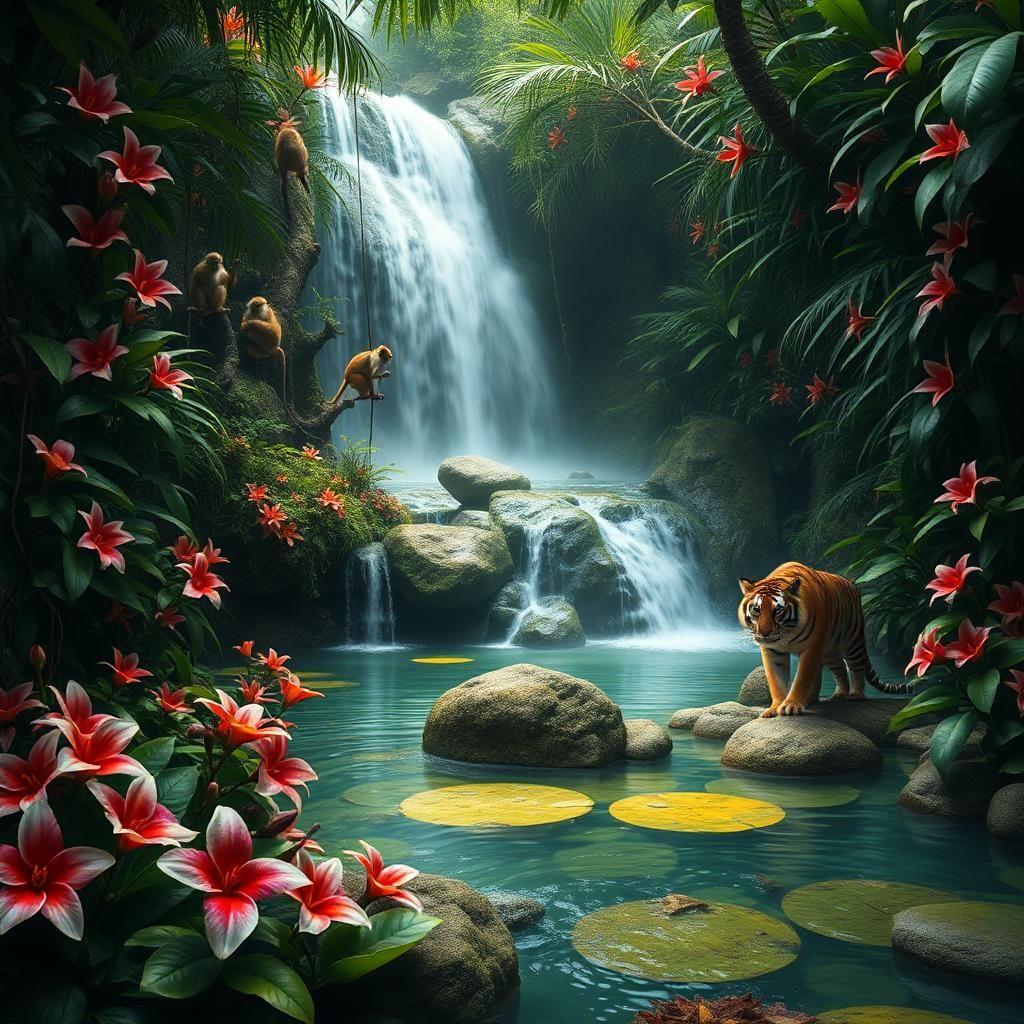 A hidden tropical paradise, where waterfalls cascade into natural pools surrounded by dense jungle. Exotic flowers bloom in every direction, their petals rich with vibrant hues. A family of playful monkeys swings from the vines while a lone tiger watches from the shade, its amber eyes gleaming. The air is thick with the songs of unseen creatures, and the entire scene feels like a glimpse into a lost Eden.