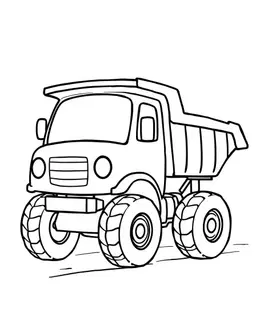 Children's coloring page, full page composition, portrait orientation. Bold, thick, even black outlines with rounded corners. Very simple large shapes that are easy to color with a crayon. Pure white background and white inside every shape, so it is completely uncolored. Black line art only, with no grayscale, no shading, no shadows, no gradients, no textures, no hatching, and no filled-in black areas. No text, no logos, no brand names, no people, no small details. Cute, kid-friendly style for ages 4 to 6. A big friendly dump truck with a chunky body, a large open bed and two big round wheels, driving along a flat ground line.