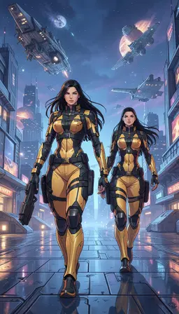 Woman with black straight hair, tanned, hair in the wind, standing as a cyborg in a futuristic sci‑fi city filled with intergalactic ships, full shot, front view. Andromeda, a separate figure, strides forward beside her, sharing the same lighting and atmosphere.