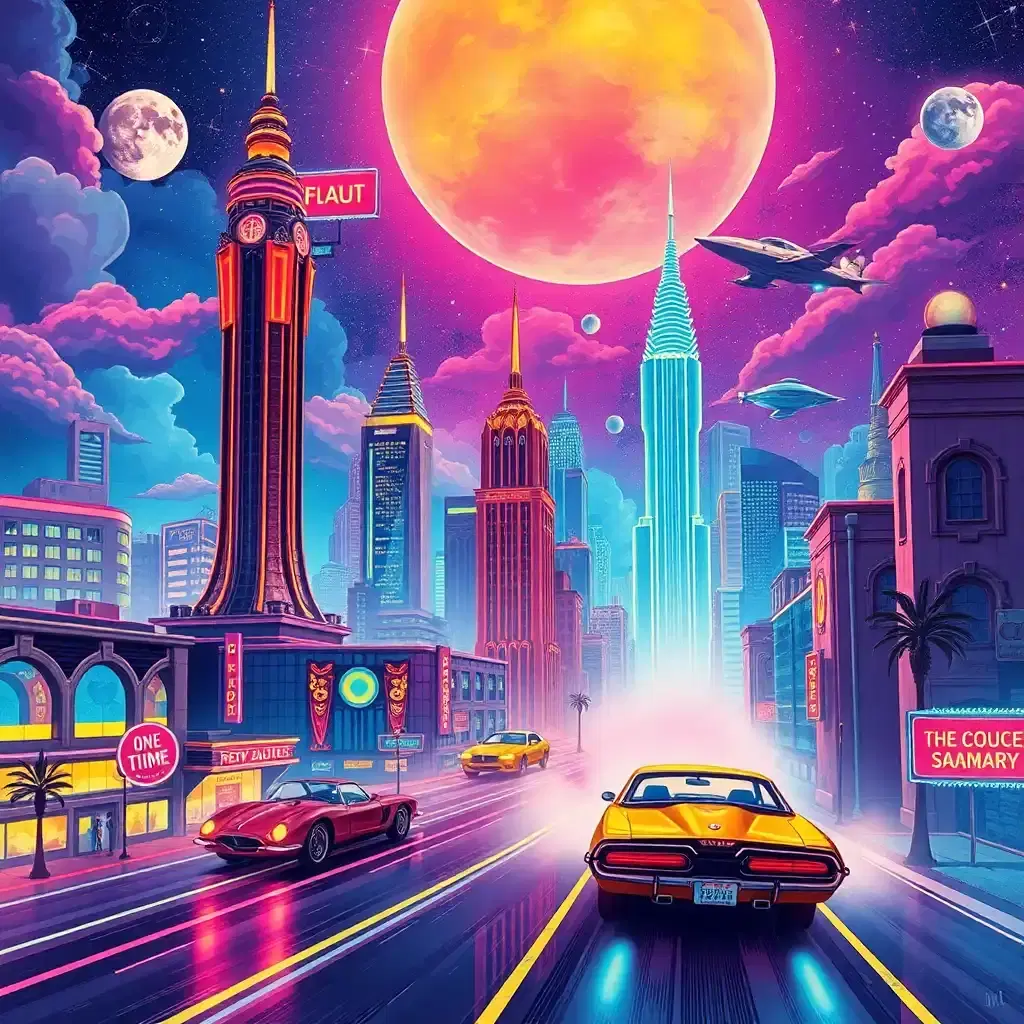 Create a dazzling retro-futurism landscape with a city of ethereal allure. Here, art deco towers and flying cars coexist with a vibrant pop art aesthetic, creating an electric atmosphere. Narratives flash by in comic book storyboards, in colors so vivid they transport viewers into a saga of dreamlike exploration.