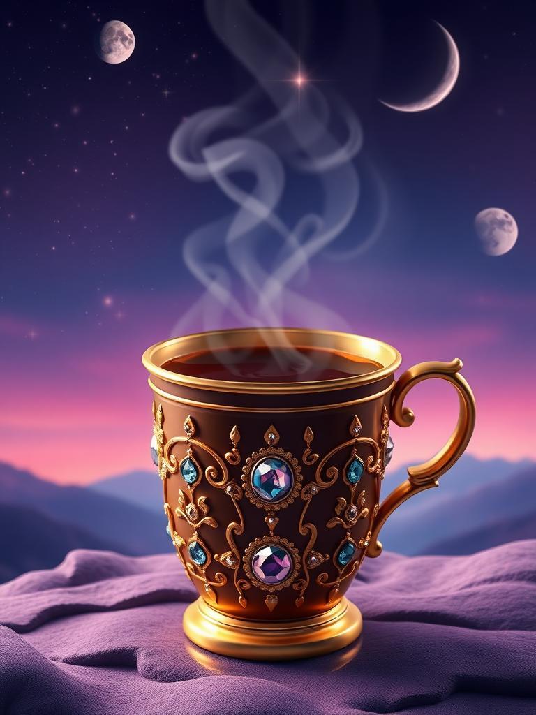 Generate an image of the most luxurious coffee in the multiverse, set in a dreamy twilight scene with deep purples, blues, and soft pinks. The coffee is in a golden cup with precious gems and silver decorations. Steam rises from the cup, filling the air with a magical glow. The background is a surreal landscape with stars, moons, and galaxies, evoking a sense of wonder and mystery.