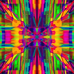 abstract digital art, symmetrical pixelated composition rendered in a supports/surfaces style, unstretched folded canvas planes soaked with pigment, raw fabric texture and simple primary‑color grid stripes, glitch aesthetic with halftone patterns and high‑contrast overexposed glow, futuristic cyberpunk vibe and synthwave atmosphere, primary color palette, primary color palette