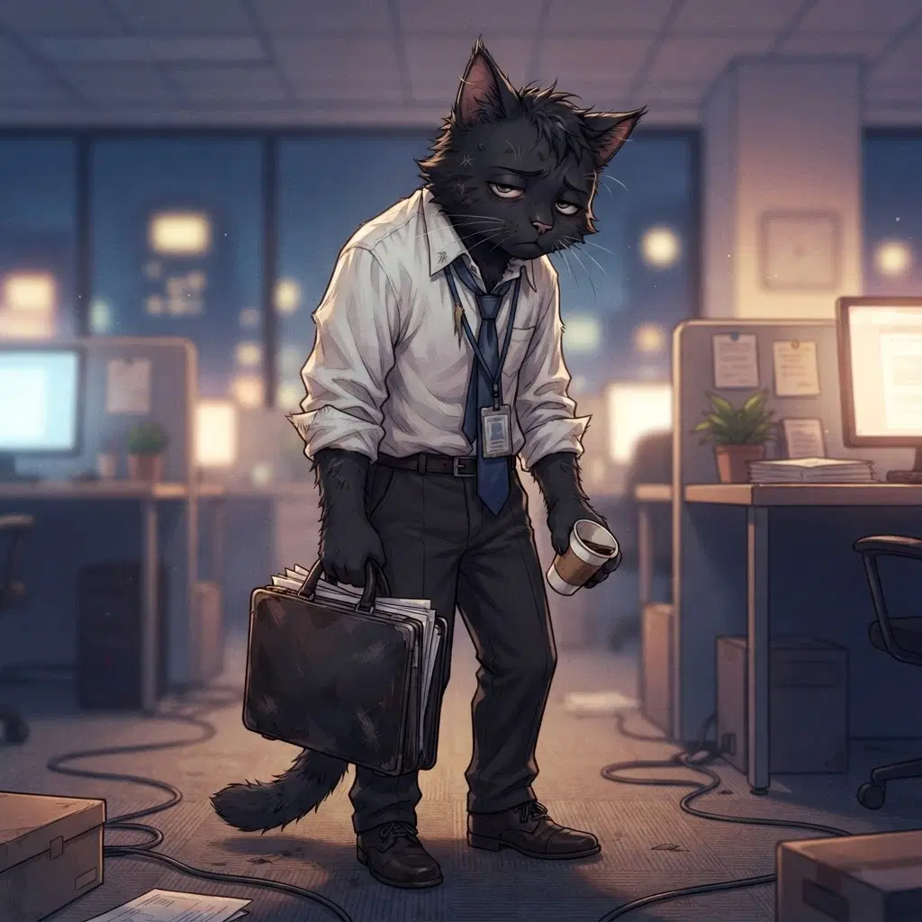 original character: an anthropomorphic black cat office worker in a loosened tie carrying a briefcase, weary slouch, moody adult anime illustration, clean soft gradient studio background, vibrant, crisp high detail, digital illustration