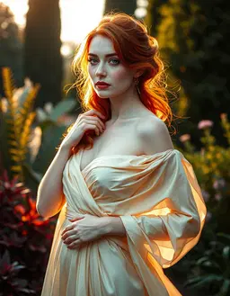 a hyper-realistic hybrid woman with the red hair and pale features of the subject blended with the abstract, mosaic skin textures and warm golden tones of the mixer, wearing an elegant flowing silk gown and posing with a soft, dreaming expression in a lush garden at golden hour.