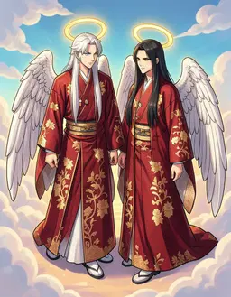 touro and tenki rendered in a hand‑colored retro rpg fantasy style, 4k drawn fantasy with fine rounded lines, isometric view, vivid retro palette and soft rim lighting; both angels now appear as princely figures in ornate japanese royal robes, touro with long white hair, light blue eyes, and tenki with long black hair, amber eyes, each wearing a floating golden halo and large white feathered wings. they stand mid‑step, bodies turned slightly toward each other, captured from an isometric camera angle, waist‑up, crisp cel‑shaded lineart, vivid colors, and a subtle fantasy backdrop of stylized clouds.