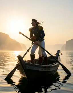 Captain Rose stands on a small wooden barque, her silhouette outlined by the golden sunrise reflecting off gentle ripples. She leans slightly forward, gripping the weathered oar with both hands, eyes fixed on the horizon as a faint breeze lifts strands of her hair. The boat drifts on calm water amid misty morning light, with distant cliffs faintly visible through the soft haze. The scene captures her poised, confident stance, surrounded by the quiet serenity of the early day.