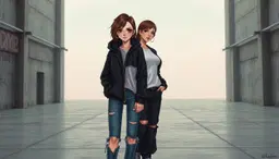 girlfriend, a white anime‑style woman with shoulder‑length messy brown hair, dark brown eyes, ear piercings, black fleece hoodie over a white t‑shirt and blue distressed jeans, and raelynn, a human female urban youth with an asymmetrical undercut, angular jaw, heavy eyeliner, hoop earrings, black lambskin leather jacket with gold zippers, white crew‑neck tee, distressed black baggy jeans and high‑top converse, stand side by side in a softly lit indoor loft with minimalist concrete floor and subtle graffiti, rendered in a mood of lonely vastness: an empty, expansive space that stretches endlessly under a pale sky, cool desaturated tones, the figures appear tiny specks dwarfed by the immense surroundings, quiet solitary atmosphere.