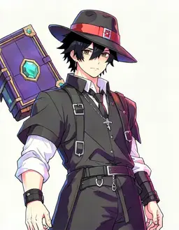 Redraw the person in the reference image as a VTuber character portrait of male, them, fully clothed, black hair, brown, only a litel bit, make hair black, drop the hand, clean anime VTuber model art, cel-shaded 2D illustration, crisp lineart, vivid colours, soft rim lighting, head and shoulders, facing forward, plain flat white background. Keep their face, hairstyle and distinguishing features clearly recognisable as the same person.