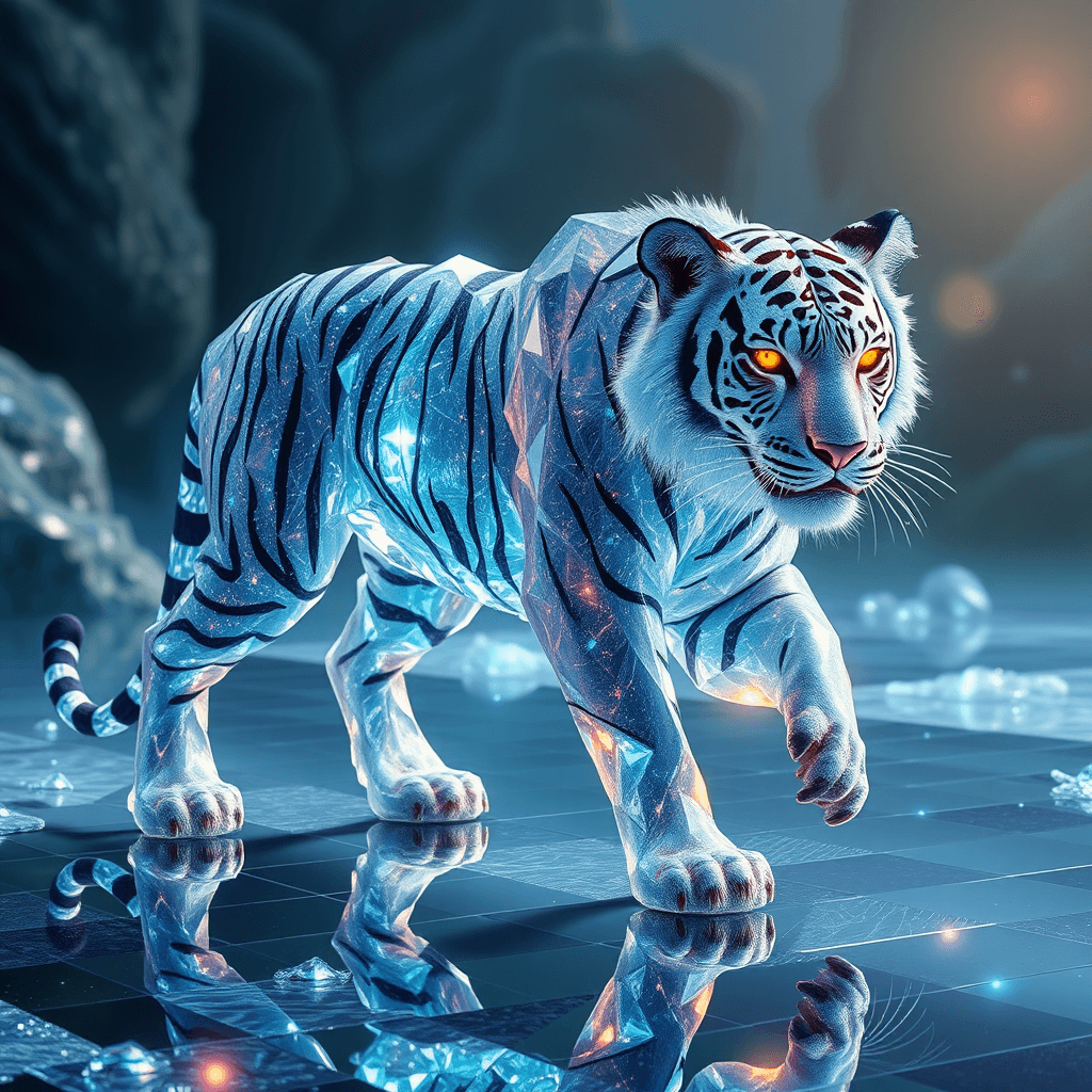 Journey to the prismatic lands where a legendary crystal tiger strides through reflective terrain. Its skin, a living cascade of glittering facets, encapsulates entire worlds within each crystalline frame. The tiger's eyes, fierce and knowing, burn like twin suns. With every step, it reshapes reality around it, bending the light of existence to its own majestic design.