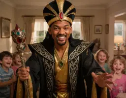 will smith as a father in a cozy small house in warrington, captured in a close‑up dramatic action movie style scene, wearing an elaborate golden evil jafar costume complete with ornate turban, flowing dark robes trimmed with intricate metallic embroidery, and a menacing jeweled scepter in his hand; his expression is a sly, villainous jafar smile, eyes glinting with playful mischief as he prepares to surprise his children, the warm domestic interior softly lit to highlight the rich golden fabrics and the cheerful, anticipatory atmosphere.