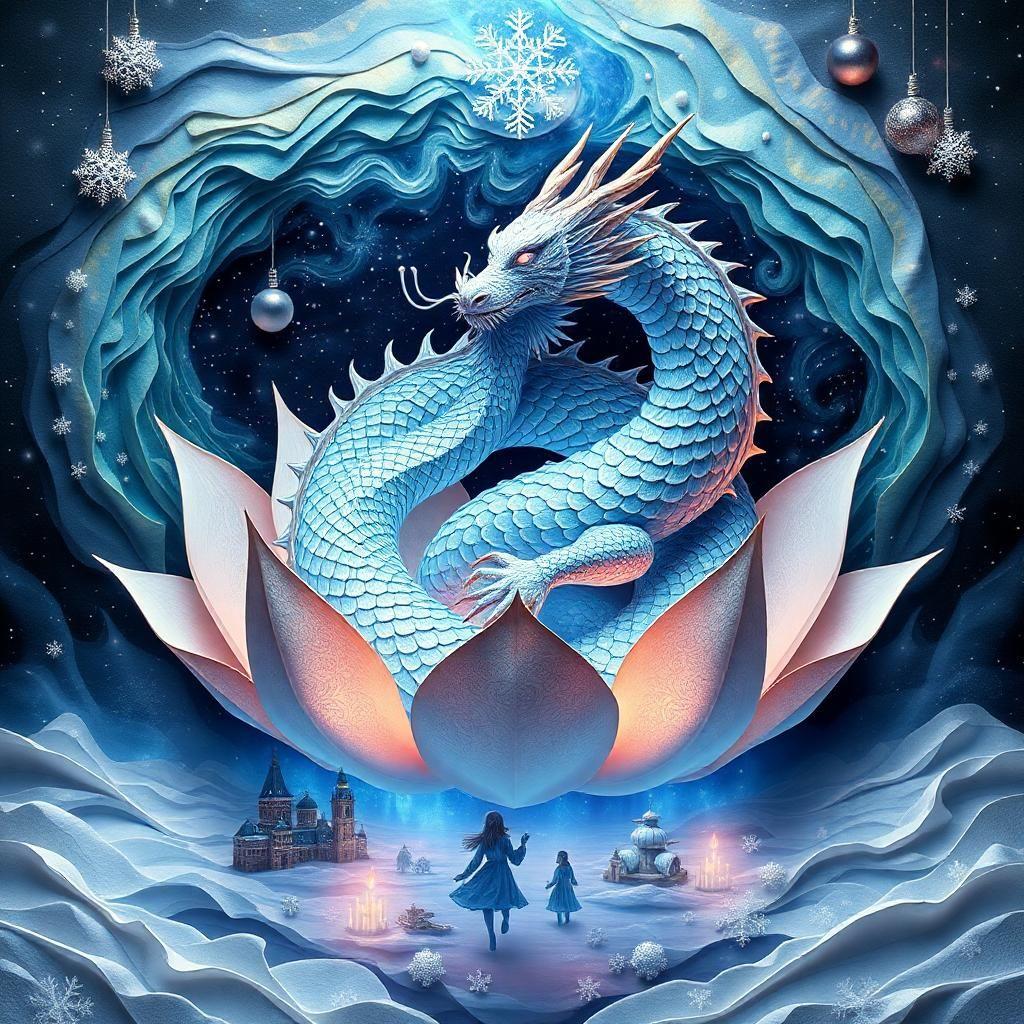 "a cosmic lotus dragon coiled within a swirling nebula of iridescent, paper-like folds, its scales shimmering like stardust and pearls. the dragon's eyes burn with a soft, ethereal blue fire, casting an otherworldly glow. beneath the lotus, a void like a dark, sparkling ice rink of folded paper reflects a winter wonderland dreamscape: snow-covered cities, melting snow clocks, and ghostly figures dancing amidst intricately folded paper snowflakes, with frosty aurora borealis swirling above and delicate icicles hanging like crystalline lace. the dragon's plumage oscillates between falling snow and a wintry sunrise, as its gentle, mystical roar echoes through a haze of glittering snowflake dust."