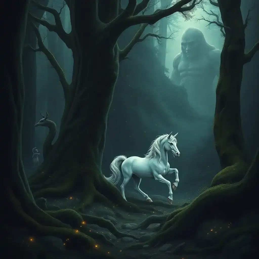 A deep and mysterious forest where ancient creatures of myth stir beneath the canopy. A unicorn with a mane of pure starlight steps delicately through a grove filled with floating fireflies, its spiraled horn pulsing with magic. Nearby, a mischievous faun peeks from behind a moss-covered tree, watching as an enormous shadow moves in the distance—a slumbering titan, awakening for the first time in a thousand years.