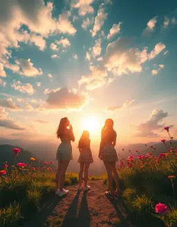 kpop girl group, blissful escapism, bursting lush colors, impossible dreamy landscape, carefree glowing light, imaginative exaggeration, feeling of freedom and wonder.