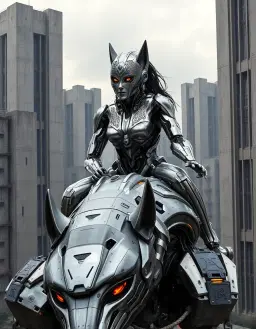 a striking female robot with sleek chrome limbs, her visage dominated by intricate steel filigree embedded in the face—delicate metallic patterns weaving across her cheekbones, titanium ribs framing luminous ocular lenses, and riveted steel plates forming an elegant, futuristic mask. she rides confidently atop a massive robotic wolf, its body constructed from brushed steel and matte black alloy plates, articulated joints glowing faintly with amber circuitry, and luminous runes etched along its spine. the scene unfolds in a sprawling brutalist city, towering concrete monoliths with rough, geometric facades, massive slab towers pierced by rows of narrow windows, and massive walkways casting long shadows. an overcast sky blankets the city in muted, steel‑gray clouds, diffusing a soft, cold light that reflects off the metallic surfaces, highlighting the intricate steel filigree on the robot’s face and the gleaming armor of the giant robotic wolf.