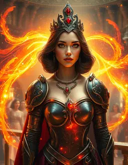 princess roxalann trehanac, an extremely tall slender princess with shoulder‑length 1930s brown hair, brown eyes, high cheekbones, olive complexion, wearing battle‑ready black plate armor crowned with a silver ruby coronet, stands on a balcony overlooking a bustling ballroom. the scene bursts with a magical warmth explosion: radiant enchanted power fills every corner, luminous streams of glowing energy swirl around her, expressive arcs of fiery brush‑like swooshes in gold, amber, orange, coral and crimson cascade with sparkling dust, embers, and shimmering particles. warm golden aura and rich volumetric light bathe the composition, while cool teal and deep blue accents balance the palette. handcrafted painterly texture, soft bloom, heat shimmer, and dynamic motion convey whimsical fantasy and cinematic magical realism. seed 847392014