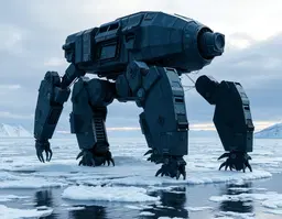 This is an image of a massive iron robot walking on an ice burg in the north Atlantic ocean.