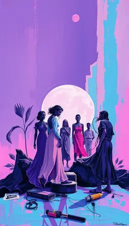 a creative cinematic subject, rendered in a lush oil painting with thick impasto strokes, translucent glazes, dramatic chiaroscuro and glowing fluorescent highlights, vaporwave palette of bubblegum pink, lavender, cyan blending into soft purple gradient, mint and pale peach accents, vaporwave hues, primal simplified figures in dynamic loosely structured composition, art‑nouveau ornamental lines, calligraphic ink gestures, layered collage of surreal vintage cut‑outs and sleek digital forms, directional brushwork guiding the eye, warm titanium white highlights against rich shadows, expressive texture fields evoking raw expressionism.
