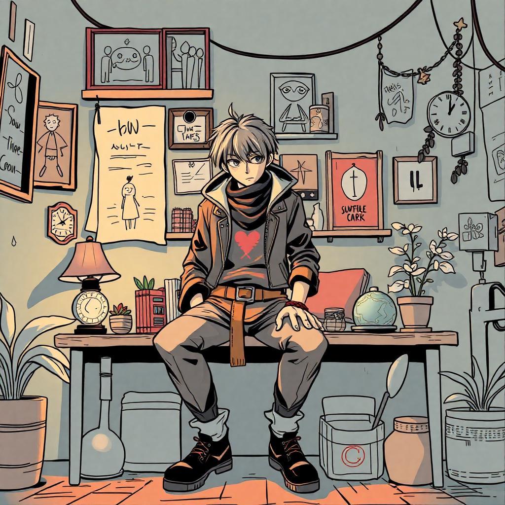 personne style manga avec des décors autour qui joue