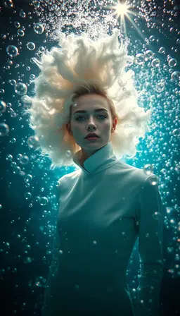 female model with voluminous cloud‑like hair and pale skin, centered in a surreal, ethereal space, rendered in a stunning underwater scene filled with cascading bubbles of every size. sunlit caustic beams pierce deep azure‑turquoise water, backlighting the bubbles and creating starburst highlights that illuminate the model’s high‑collared garment. the composition uses shallow depth of field, soft ambient diffusion, and a muted cool palette, while the dense bubble waterfall dominates the frame, giving an immersive, chaotic yet elegant atmosphere. high‑fashion editorial vibe meets ultra‑realistic underwater photography, vertical orientation, 2:3 aspect.