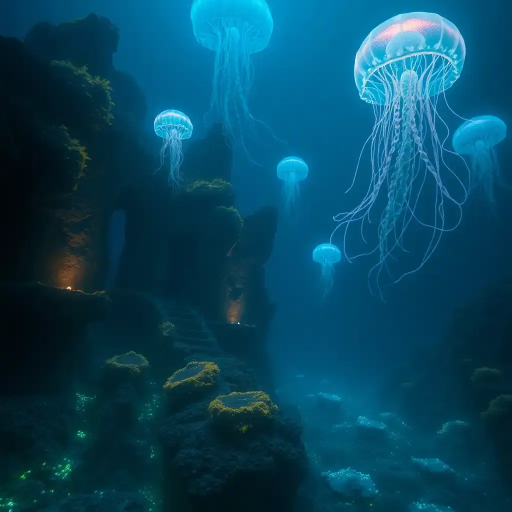 A mystical deep-sea realm untouched by humanity, where colossal bioluminescent creatures drift through the eternal darkness. Massive jellyfish pulse with neon colors, their tendrils stretching for miles. Ancient, submerged ruins hint at a lost civilization, their structures encrusted with coral and glowing moss. Strange, anglerfish-like predators cast eerie blue-green lights as they stalk their prey. The water is thick with tiny, glowing particles, creating an atmosphere of otherworldly wonder. The deeper one goes, the more surreal the world becomes, with creatures and landscapes that defy the imagination.
