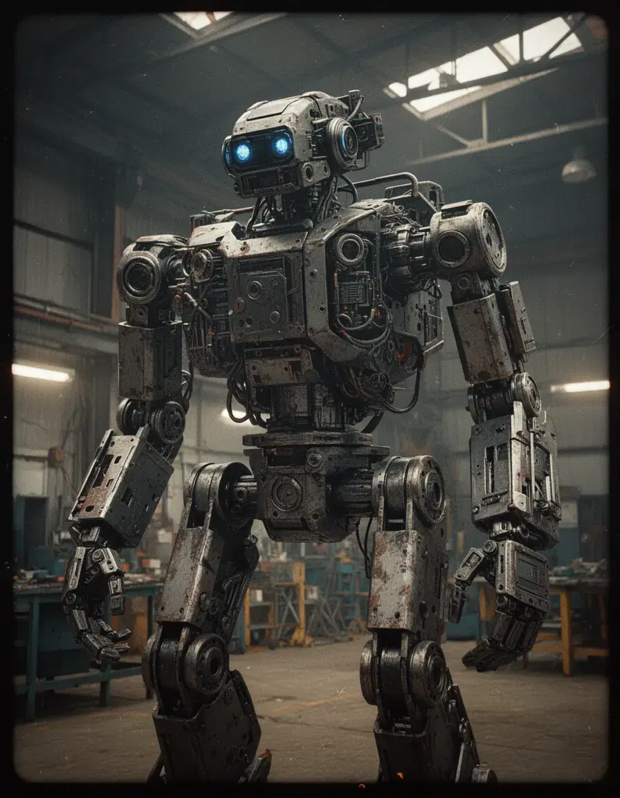 Show this robot in realistic depiction built from various industrial materials Cinematic film still, shot on v-raptor XL, film grain, vignette, color graded, post-processed, cinematic lighting, 35mm film, live-action, best quality, atmospheric, a masterpiece, epic, stunning, dramatic Cinematic film still, shot on v-raptor XL, film grain, vignette, color graded, post-processed, cinematic lighting, 35mm film, live-action, best quality, atmospheric, a masterpiece, epic, stunning, dramatic 8K resolution depth of field dynamic lighting