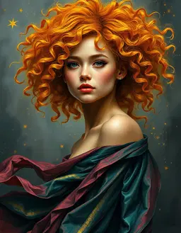 young realistic woman with vibrant cosmic aura, bright orange‑yellow curls, luminous complexion, surrounded by layered textures, shimmering threads of fairy dust, iridescent silk gown flowing in a fluid silhouette, charcoal gray, midnight blue, wine red, deep forest green palette with burnished gold accents and piercing cyan highlights