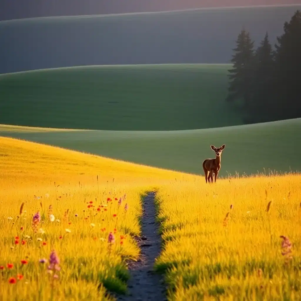 A tranquil meadow bathed in the golden glow of late afternoon light. Wildflowers of every color sway in the gentle breeze, and a narrow dirt path winds through the rolling hills. A lone deer stands at the edge of the trees, its ears twitching as it watches the horizon. The scene is peaceful, a perfect moment frozen in time, capturing the raw beauty of nature’s untouched splendor.