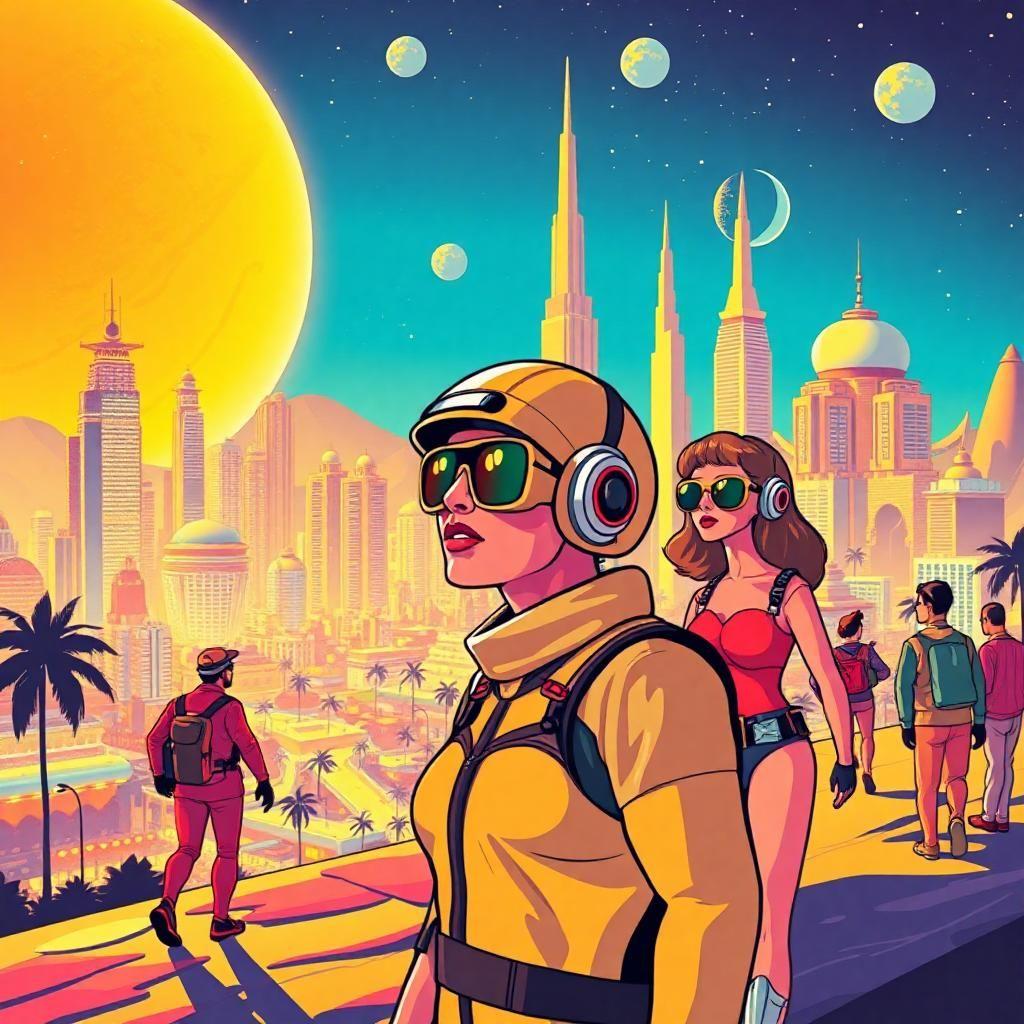 Illustrate a futuristic celebration of retro design, with human figures illustrated in bold pop art colors, set against a shimmering city that mirrors an explorer's paradise from another era. The vibrancy encapsulates a society that blends the ideals of futuristic optimism with timeless style.