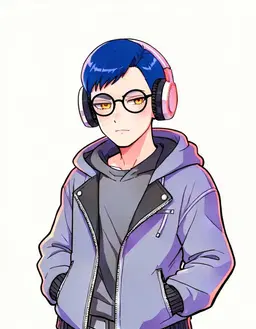 VTuber character portrait of male, a cosy gamer in an oversized hoodie with big headphones, fully clothed, deep blue hair, short, neat hair, warm amber eyes, a fair complexion, round glasses, cool and confident, clean anime VTuber model art, cel-shaded 2D illustration, crisp lineart, vivid colours, soft rim lighting, head and shoulders, facing forward, plain flat white background