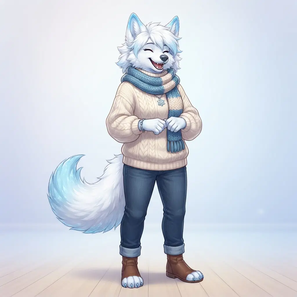 anthro arctic wolf fursona character, full body, gentle laugh, fluffy white fur with icy blue ear tips, wearing an oversized cream sweater and scarf, soft blue palette, clean soft gradient studio background, vibrant, crisp high detail, digital illustration