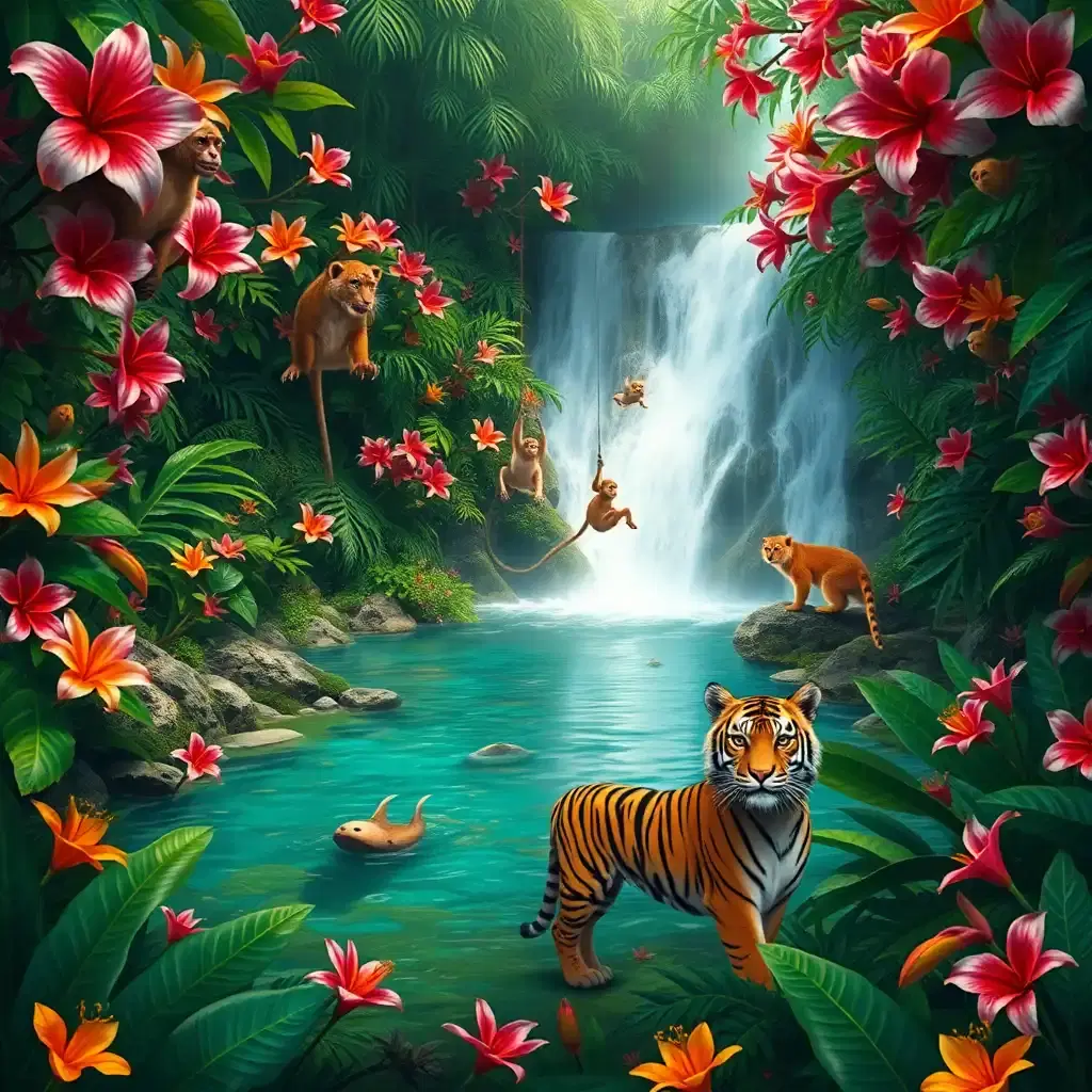 A hidden tropical paradise, where waterfalls cascade into natural pools surrounded by dense jungle. Exotic flowers bloom in every direction, their petals rich with vibrant hues. A family of playful monkeys swings from the vines while a lone tiger watches from the shade, its amber eyes gleaming. The air is thick with the songs of unseen creatures, and the entire scene feels like a glimpse into a lost Eden.