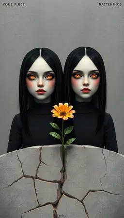 goth-punk rainbow twins with fiery eyes in a postmodern surreal digital composition, minimalist geometric forms with subtle polka‑dot and stripe accents, quiet resilience mood, subdued gray and muted gold, a single rainbow flower breaking through cracked stone, soft diffuse lighting, restrained fractal hints, understated pattern texture