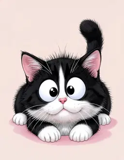 figaro, a juvenile kitten reclined on its front paws, sports sleek black and white fur: glossy midnight black covering its back, ears, and tail, while a soft snowy white blankets its chest, paws, and the tip of its bushy tail. its oversized cartoonish head features gigantic round eyes with stark white sclera and deep black pupils, a prominent pink nose, and fine parallel whiskers. bristly white fur crowns its ears, and the tail arches upward, ending in a dark tip. the stylized, exaggerated proportions emphasize a large head-to-body ratio, set against a simple pastel backdrop.