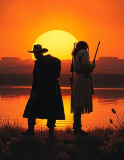 Cinematic realistic painting of two men standing side by side on the bank of the Rio Grande at sunset, Texas-Mexico borderlands, 1873. On the left, a Black gunslinger in his late thirties wearing a long dark duster coat and a wide-brimmed hat, a revolver holstered at each hip, calm and watchful. On the right, a lean Native American tracker in his mid-thirties wearing a plain long cloth tunic with a leather belt, a hunting knife at his hip, a bow in one hand, a quiver and a rifle slung across his back, long dark hair loose, alert and unreadable. They stand a few feet apart, turned slightly toward the viewer, facing a shared threat. Wide slow river behind them reflecting a huge orange and crimson sky, flat-topped red mesas on the horizon, dry grass and prickly pear in the foreground. Gritty Western film still, warm dramatic back lighting, shallow depth of field, rich burnt orange, deep maroon and shadow palette, vertical 2:3 composition, large empty sky at the top with title text:BOUNTY ON THE BORDERLINE and underneath the author name text appears: Brian Payne, and dark empty ground at the bottom.