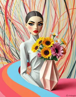a fashion model with an origami‑paper body and crisp folded planes, posed beside a delicately folded paper vase holding a pastel bouquet of roses, sunflowers and daisies, rendered in vivid fauvist color with bold saturated hues, wild brushstrokes and simplified shapes; winding trail composition guides the eye along a sinuous s‑curved path that weaves through the frame from foreground to background, creating rhythmic bends and depth as it leads through the scene; cartoonish almond‑shaped eyes with ultra‑long black winged eyeliner, bright yellow eyeshadow and vivid red‑orange lips outlined in thick black animation lines; chaotic colorful lines and volumetric light glow in the background, unified by an expressive high‑contrast fauvist palette.
